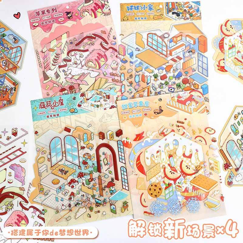 Apple Cottage DIY 3D Scene Stickers 4 Cute Miniature Scenes (M)