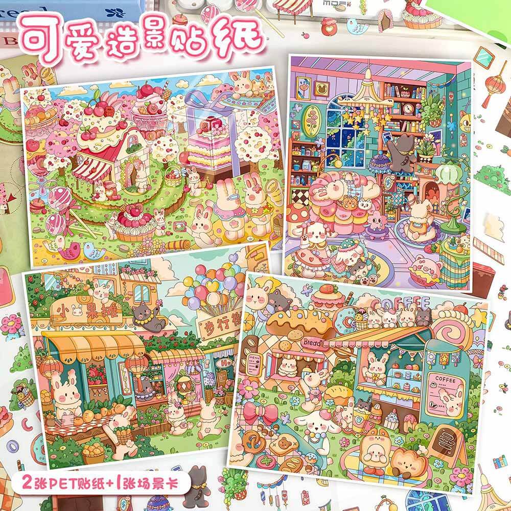 Bunny Town Chronicles DIY 3D Scene Stickers 4 Cute Miniature Scenes