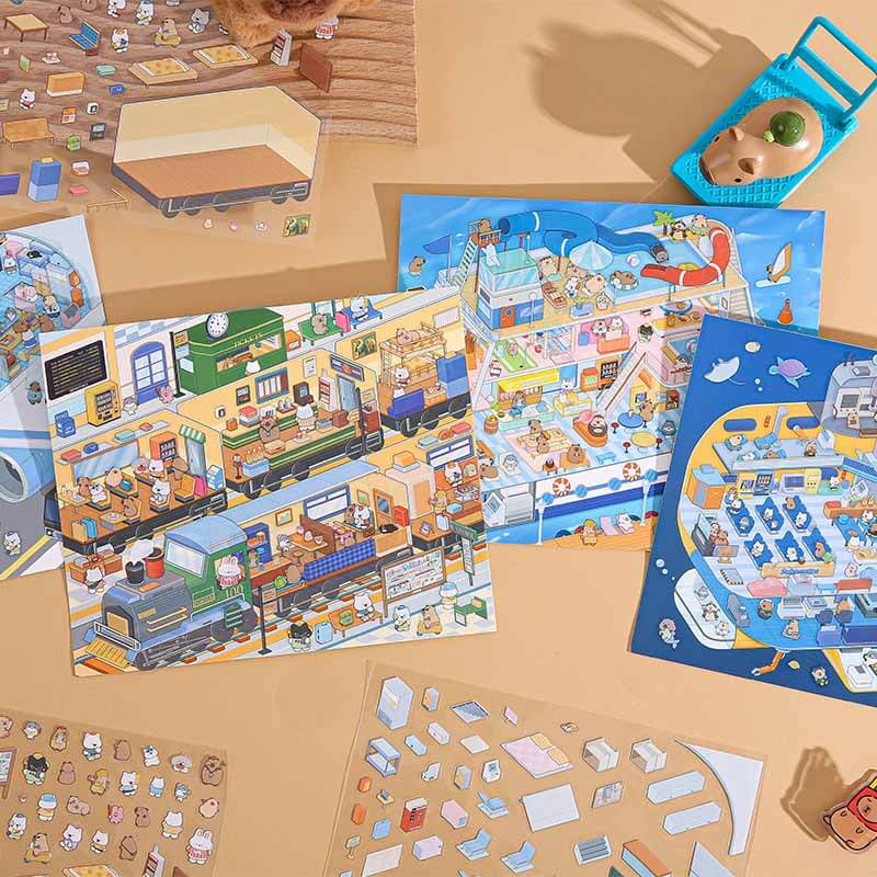 Capybara Travel Club DIY 3D Scene Stickers 4 Cute Miniature Scenes