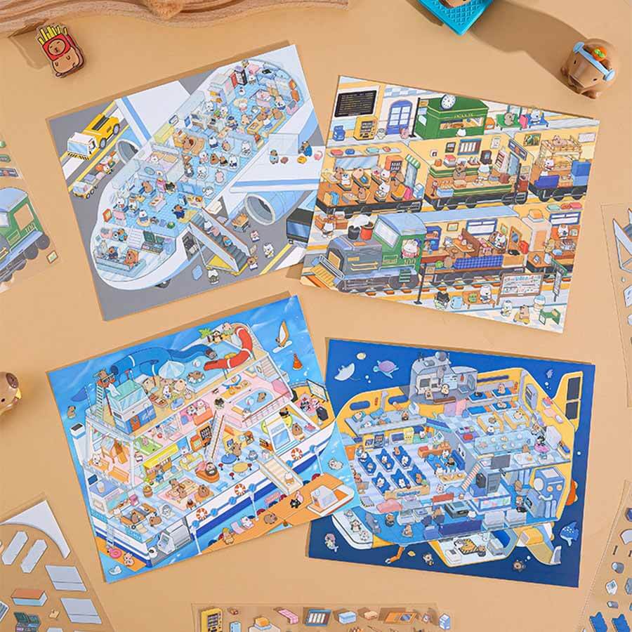 Capybara Travel Club DIY 3D Scene Stickers 4 Cute Miniature Scenes