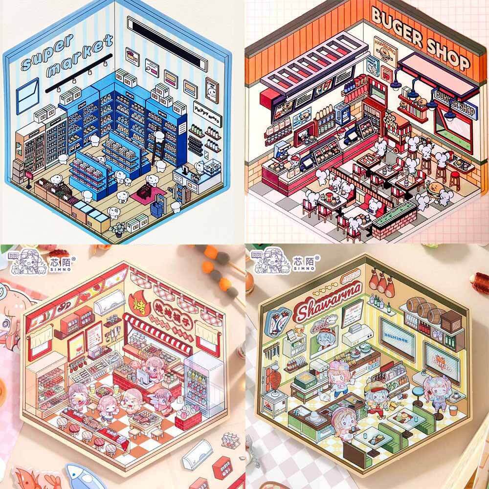 Casual Business DIY 3D Scene Stickers 4 Cute Miniature Scenes(S)