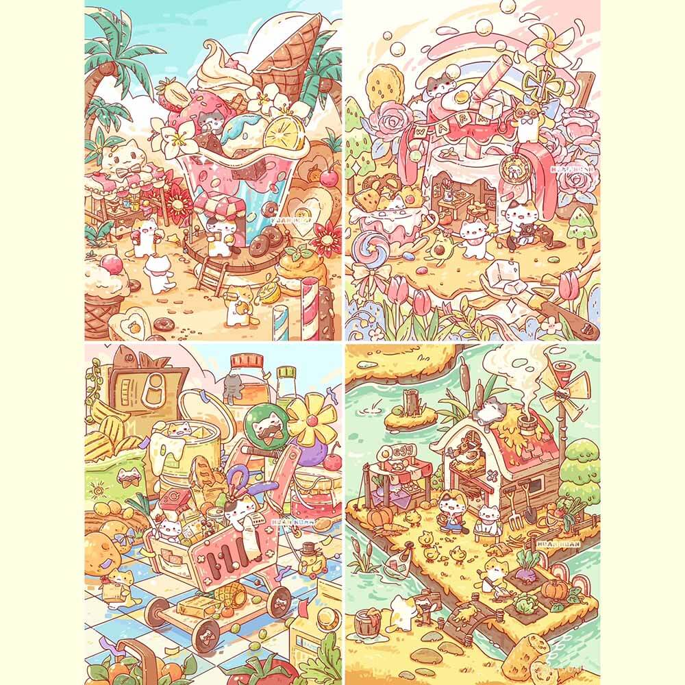 Cat Town Bazaar DIY 3D Scene Stickers 4 Cute Miniature Scenes(S)