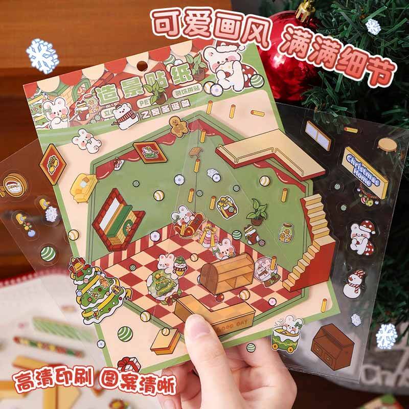 Christmas Cuddles DIY 3D Scene Stickers 2 Cute Miniature Scenes(S)