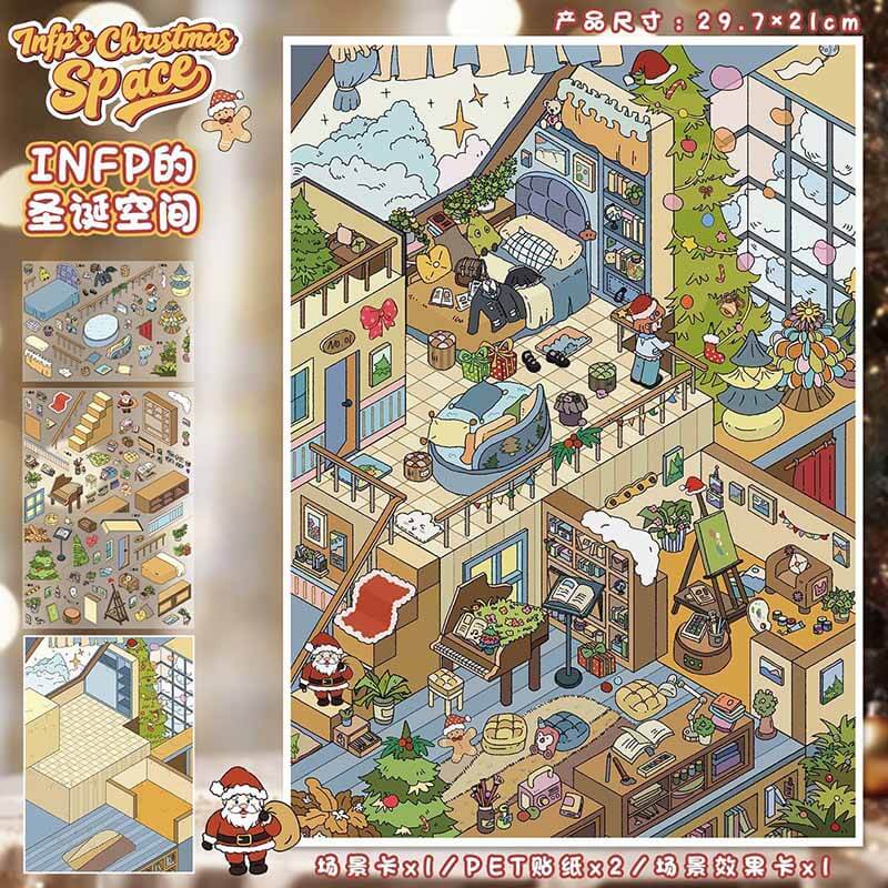 Christmas Space DIY 3D Scene Stickers 4 Cute Miniature Scenes(L)