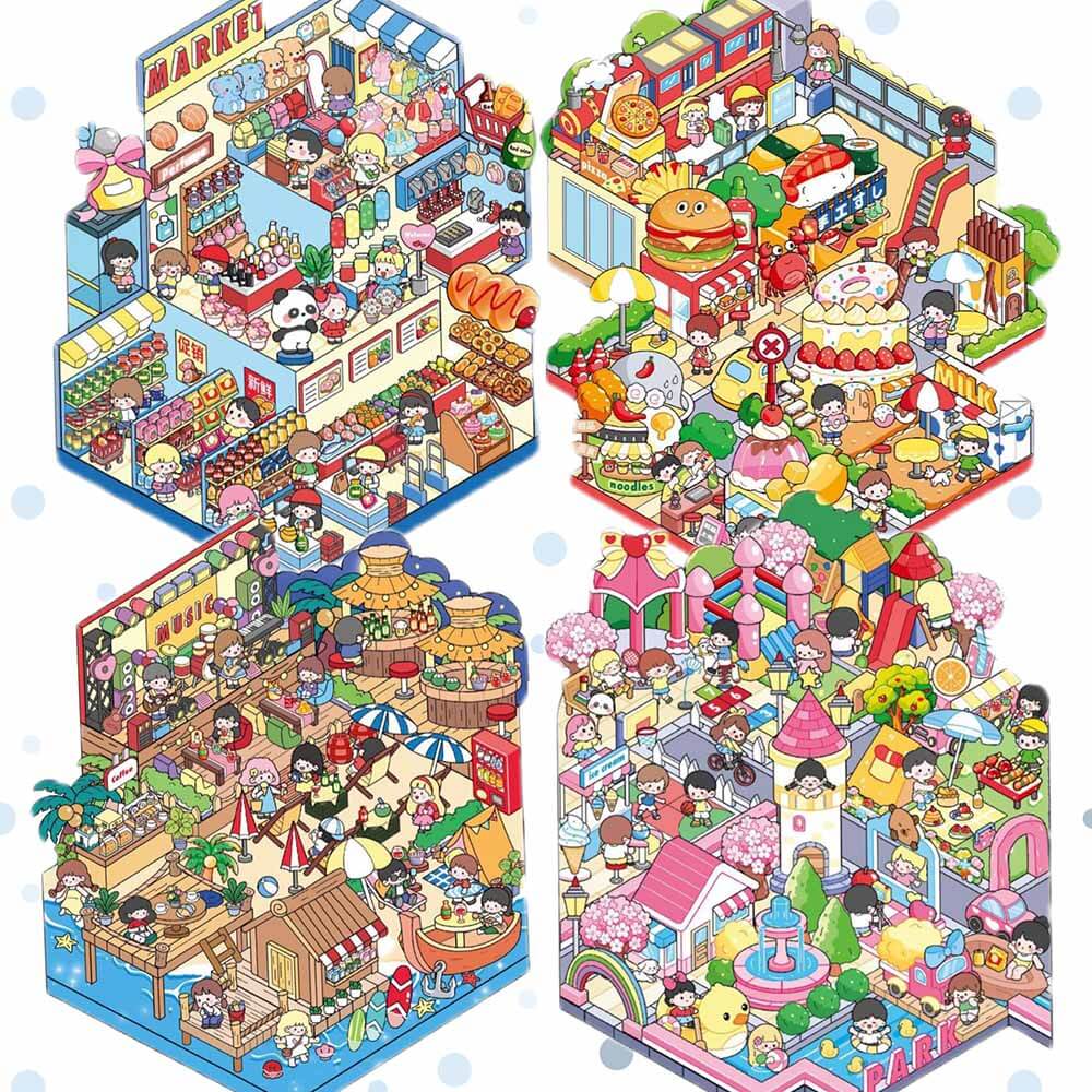 City Vibes DIY 3D Scene Stickers 4 Cute Miniature Scenes(L)