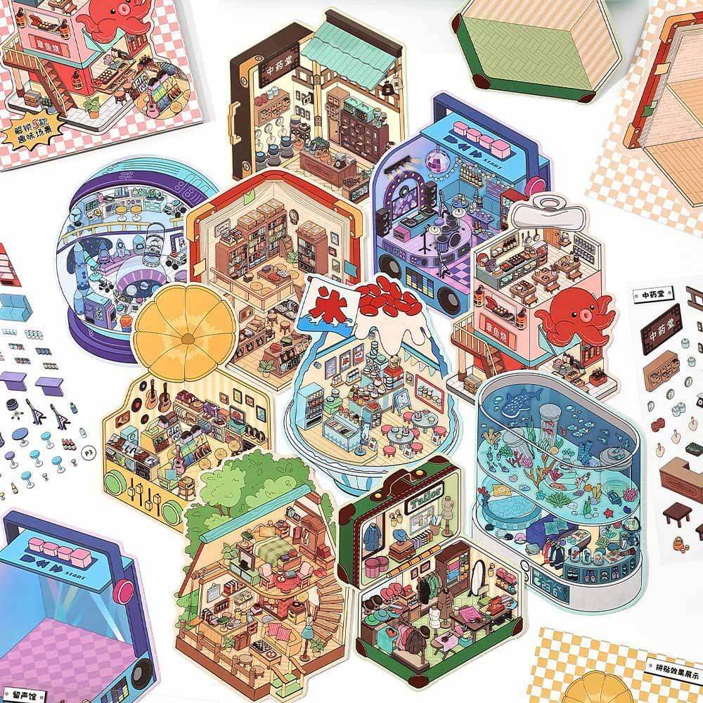 City & Life  (Set of 5) DIY 3D Scene Stickers Cute Miniature Scenes Book。 (S)
