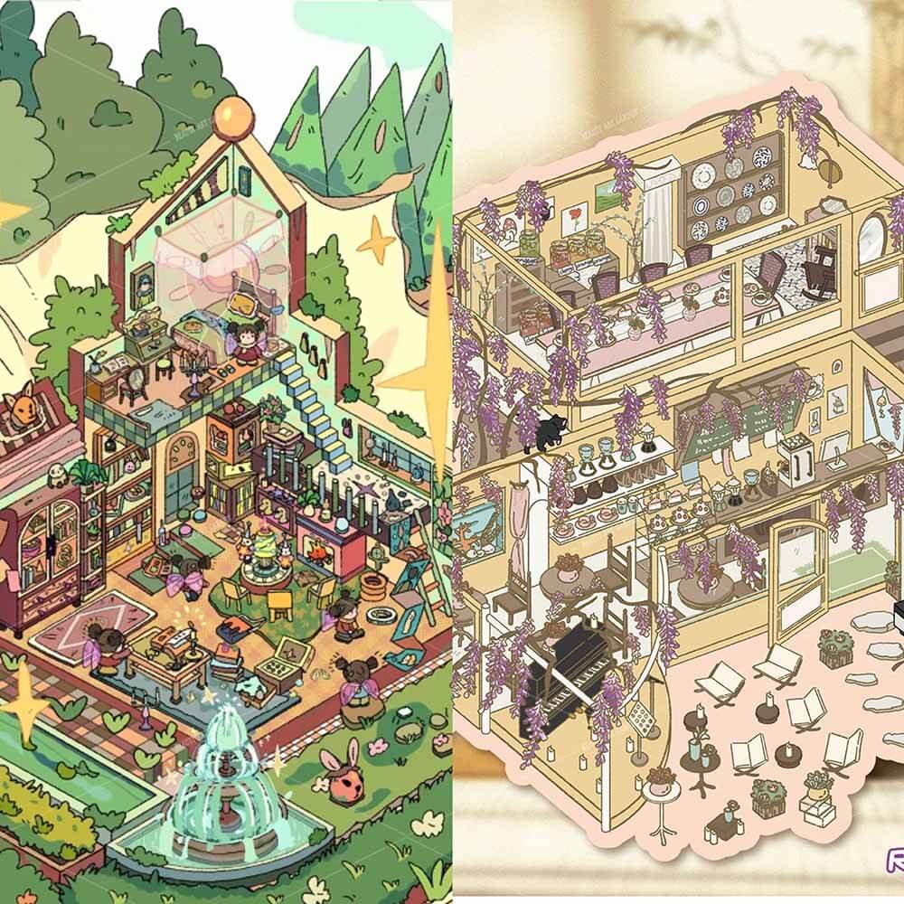 Cottage Whimsy DIY 3D Scene Stickers 2 Cute Miniature Scenes