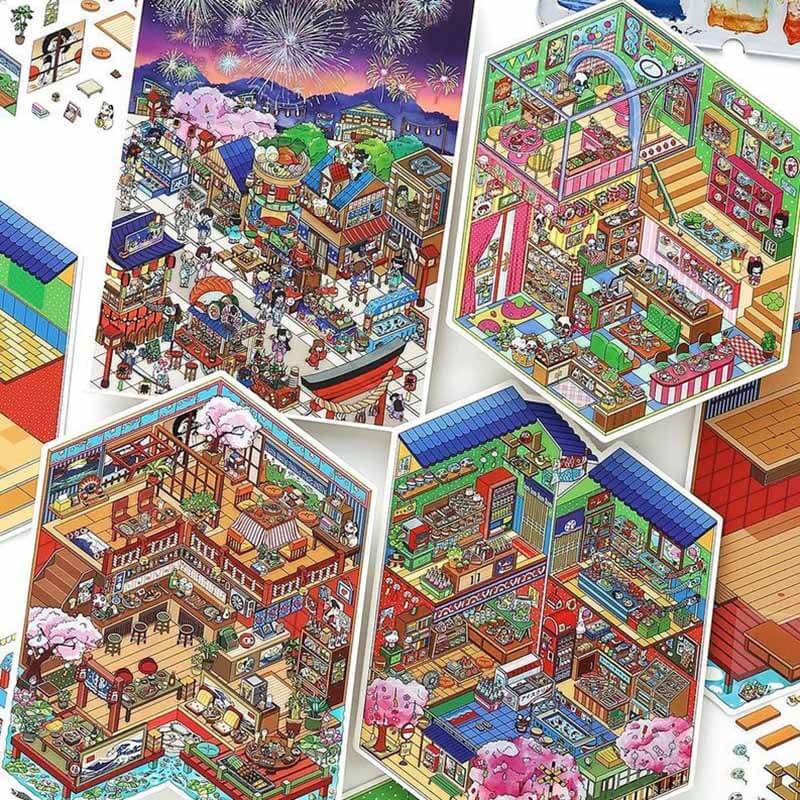 Cozy Nights in Japan DIY 3D Scene Stickers 4 Miniature Scenes(L)