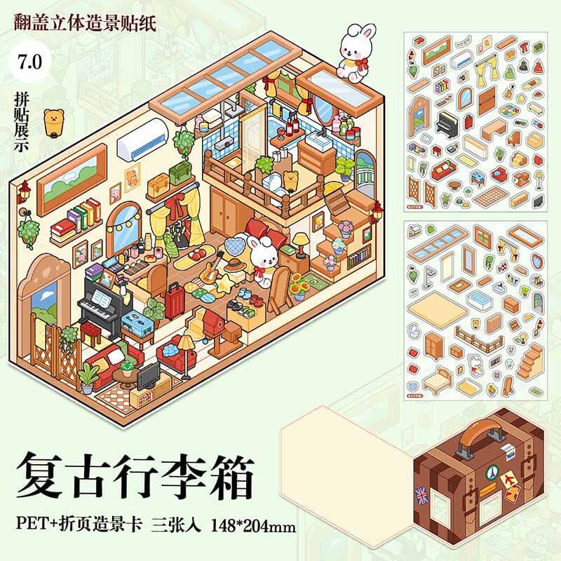 Cozy Retro Life DIY 3D Scene Stickers 4 Cute Miniature Scenes Sticker (S)