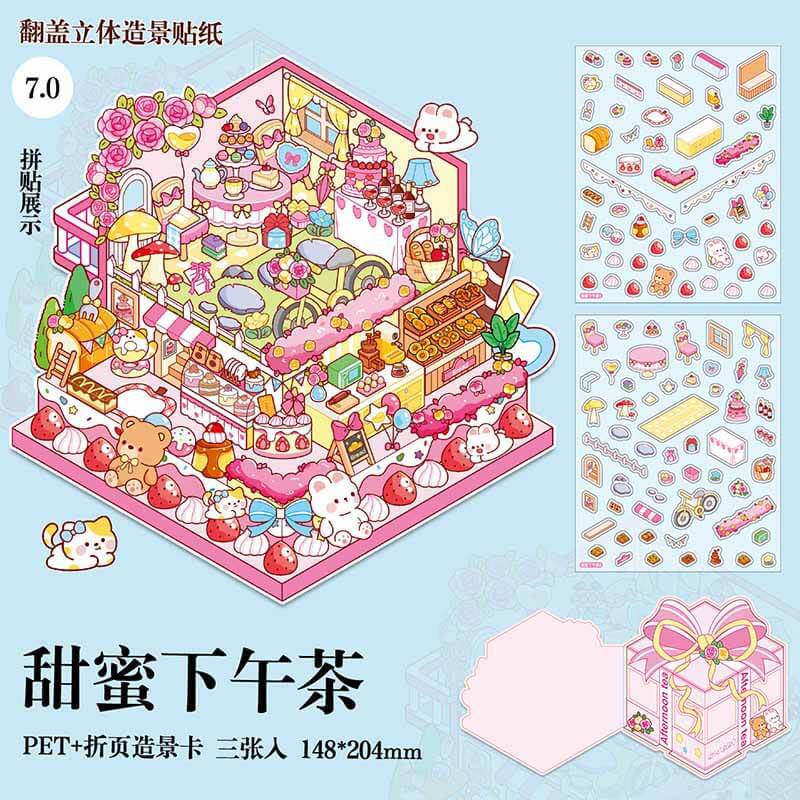 Cozy Retro Life DIY 3D Scene Stickers 4 Cute Miniature Scenes Sticker (S)