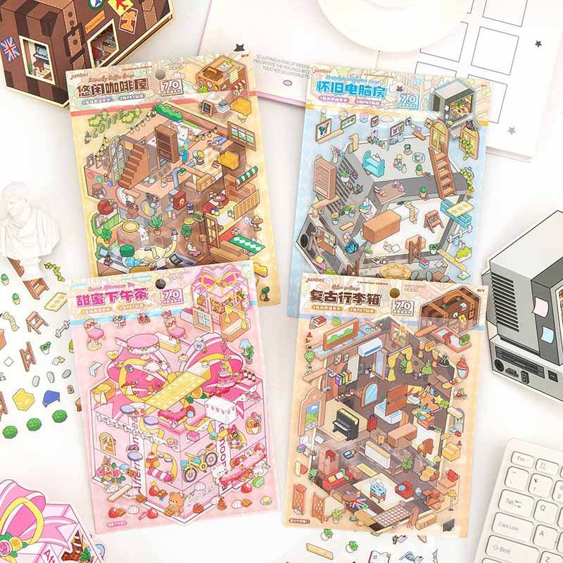 Cozy Retro Life DIY 3D Scene Stickers 4 Cute Miniature Scenes Sticker (S)