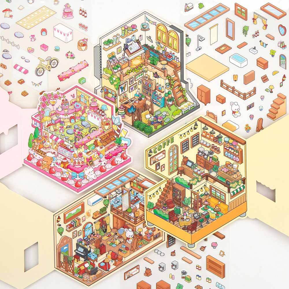 Cozy Retro Life DIY 3D Scene Stickers 4 Cute Miniature Scenes Sticker (S)