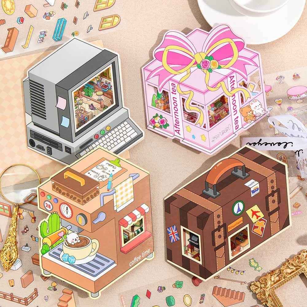 Cozy Retro Life DIY 3D Scene Stickers 4 Cute Miniature Scenes Sticker (S)