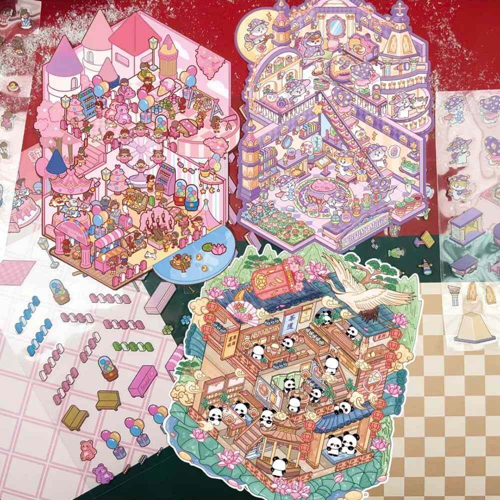 Romantic Amusement Park DIY 3D Scene Stickers - 4 Cute Miniature Scenes