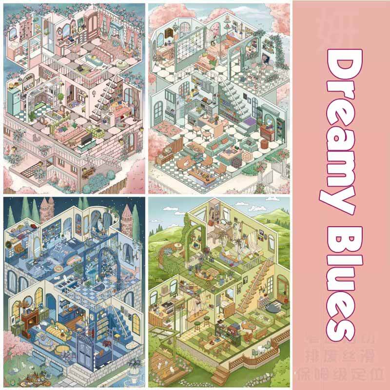 Dreamy Blues DIY 3D Scene Stickers 4 Cute Miniature Scenes(L)