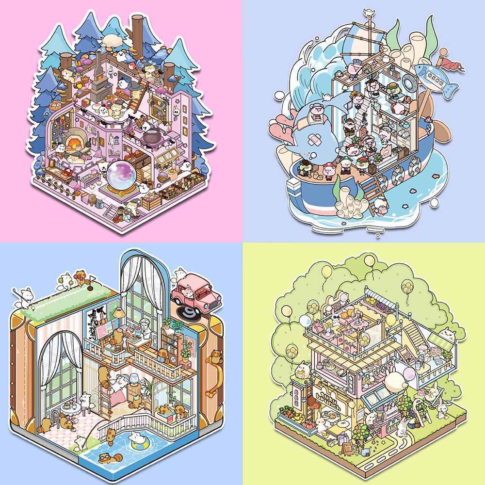 Dreamy Escape DIY 3D Scene Stickers 4 Cute Miniature Scenes