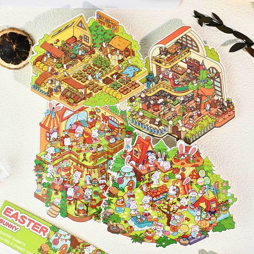 Easter Bunnyland DIY 3D Scene Stickers 4 Cute Miniature Scenes