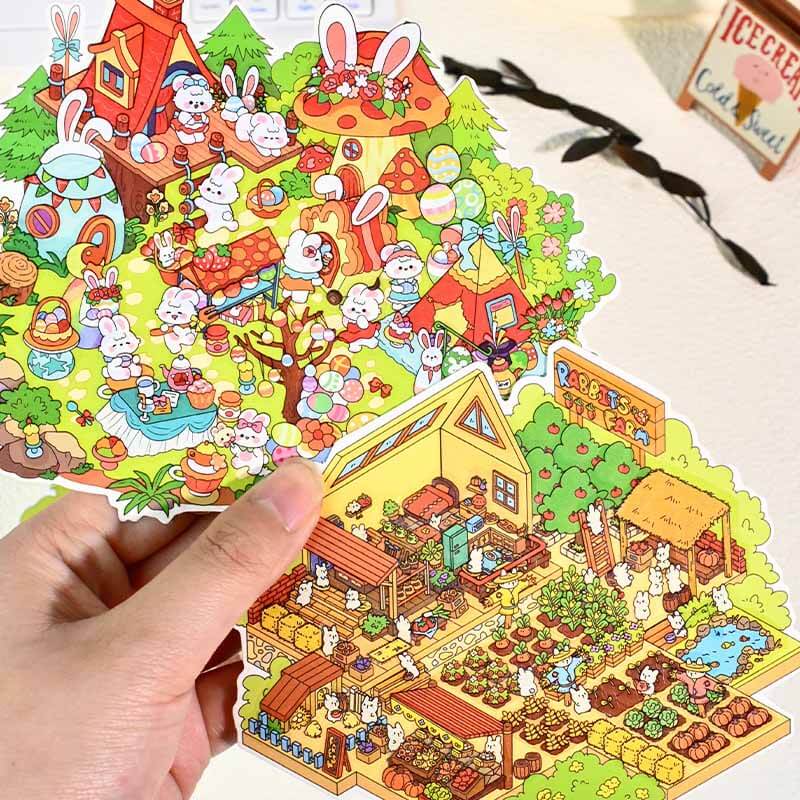 Easter Bunnyland DIY 3D Scene Stickers 4 Cute Miniature Scenes