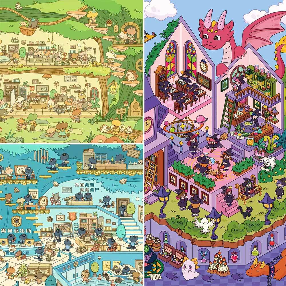 Enchanted Village DIY 3D Scenes Sticker 3 Cute Miniature Scenes(L)