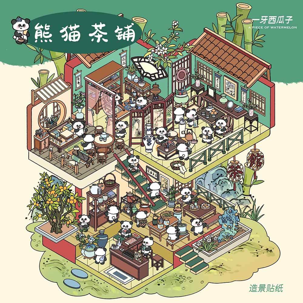 Panda Teahouse Upcycled DIY 3D Scene Stickers - Cute Miniature Scenes