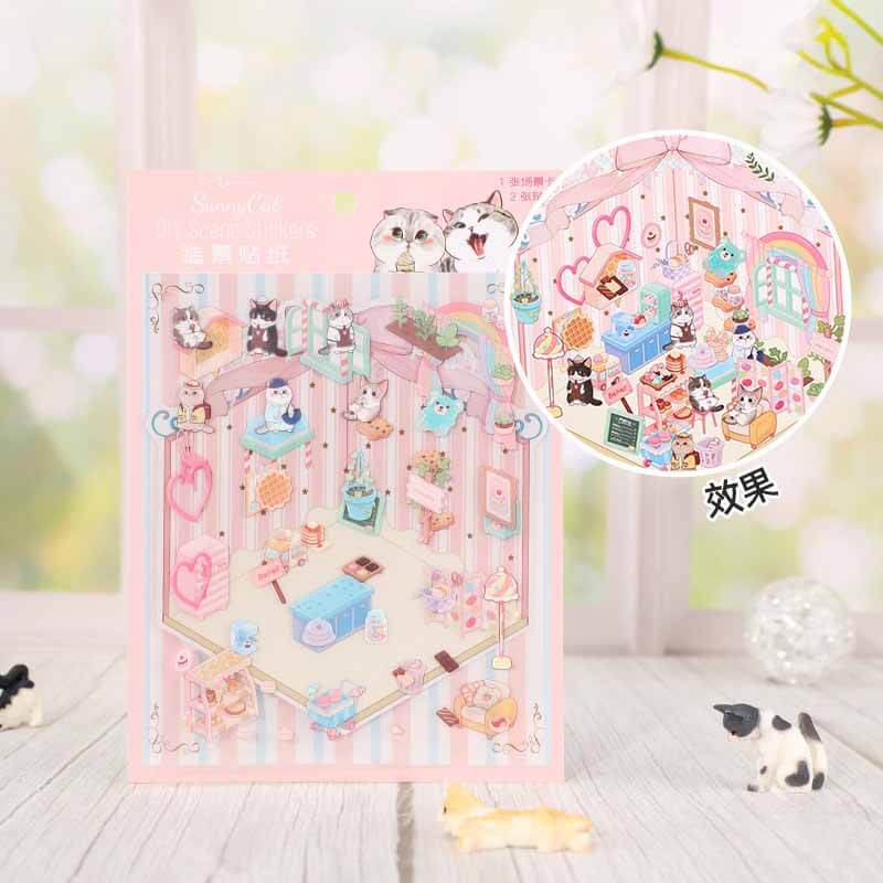 Feline Fantasy DIY 3D Scene Stickers 2 Cute Miniature Scenes(S)