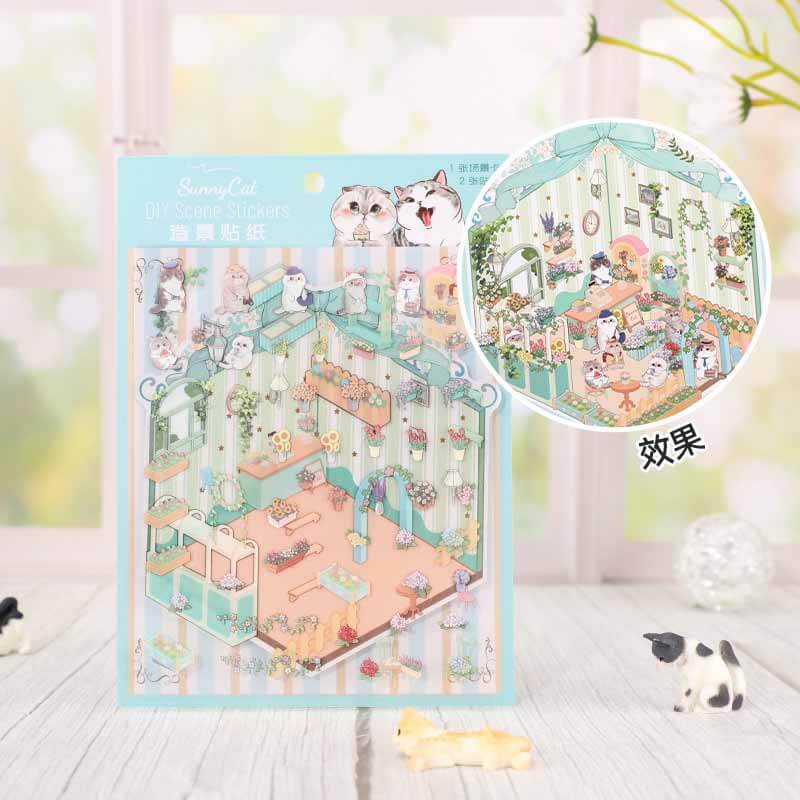 Feline Fantasy DIY 3D Scene Stickers 2 Cute Miniature Scenes(S)