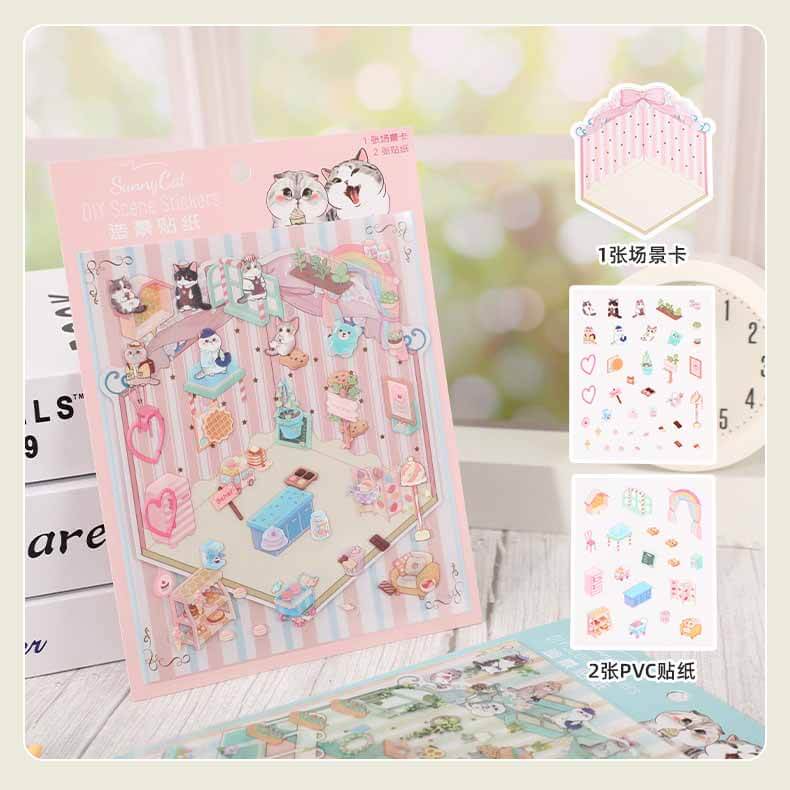 Feline Fantasy DIY 3D Scene Stickers 2 Cute Miniature Scenes(S)