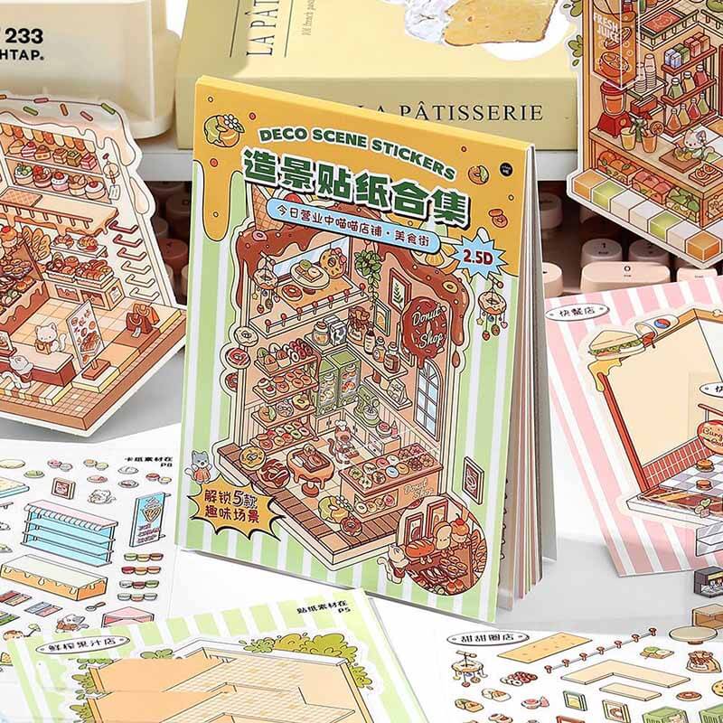 Food Zone Book(Set of 6) DIY 3D Scene Stickers Cute Miniature Scenes(S)