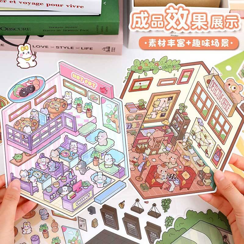 Furry Friends’ Town DIY 3D Scene Stickers 4 Cute Miniature Scenes(M)