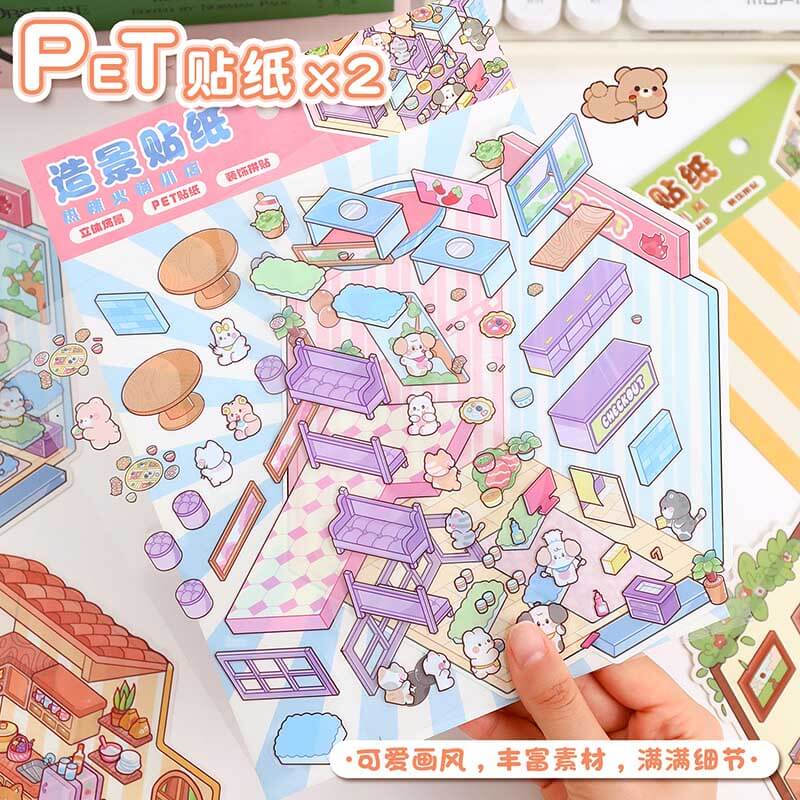 Furry Friends’ Town DIY 3D Scene Stickers 4 Cute Miniature Scenes(M)