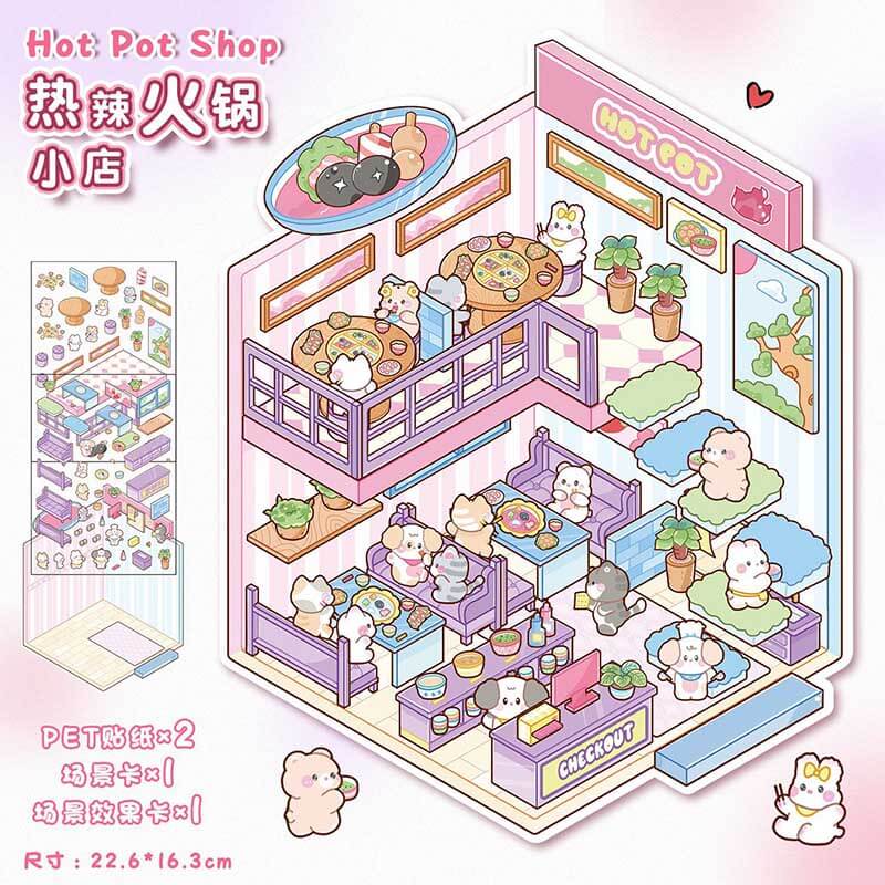Furry Friends’ Town DIY 3D Scene Stickers 4 Cute Miniature Scenes(M)