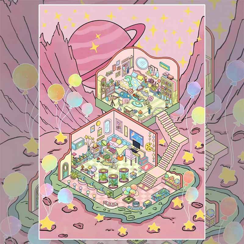 Galaxy Secrets DIY 3D Scenes Sticker 4 Cute Miniature Scenes(L)