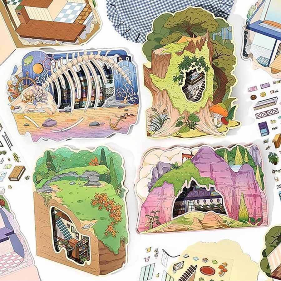 Hollow Realms DIY 3D Scene Stickers 4 Cute Miniature Scenes(S)