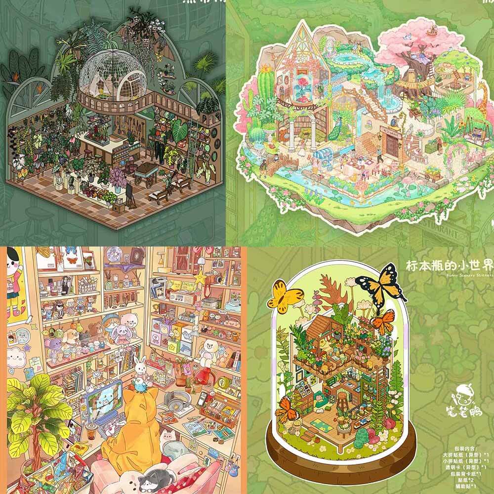 Home Diary DIY 3D Scene Stickers 4 Cute Miniature Scenes(L)