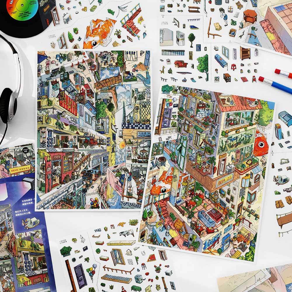 Inverted City DIY 3D Scene Stickers 2 Cute Miniature Scenes(L)