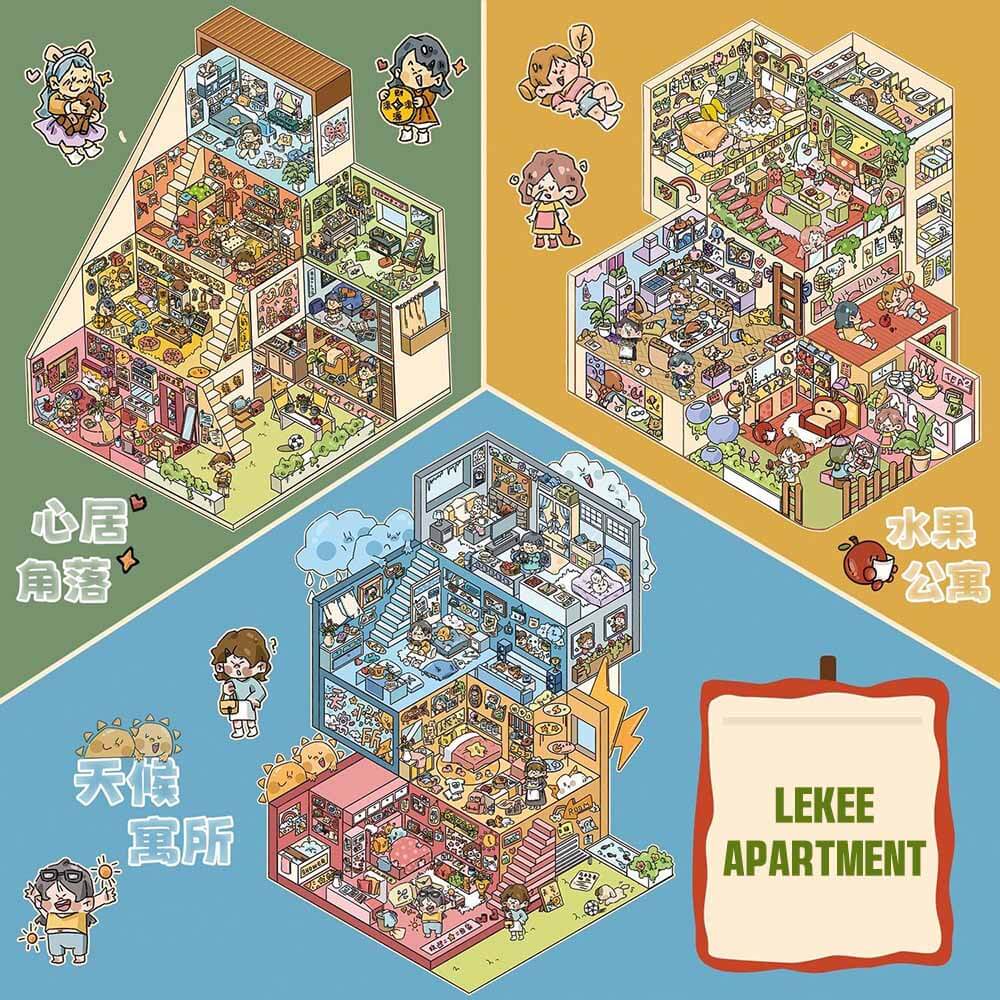 Lekee Apartment DIY 3D Scene Stickers 3 Cute Miniature Scenes(L)