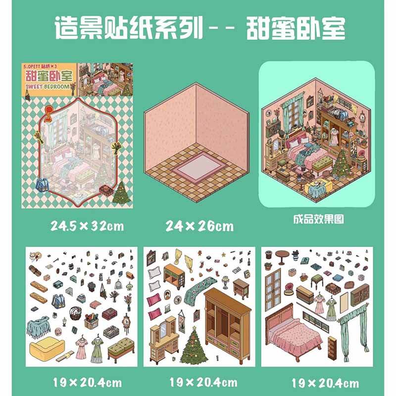 Lovely Living Diary 3D Scene Stickers 4 Cute Miniature Scenes(XL)