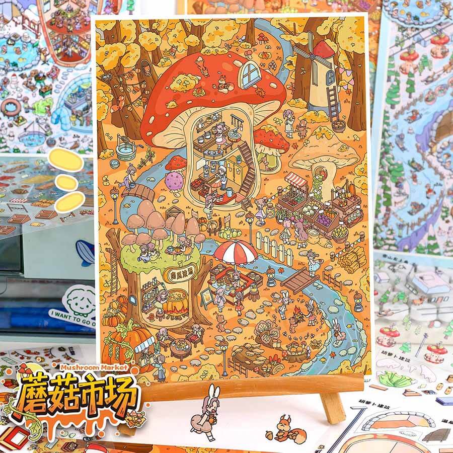 Mushroom Town DIY 3D Scene Stickers 2 Cute Miniature Scenes(L)