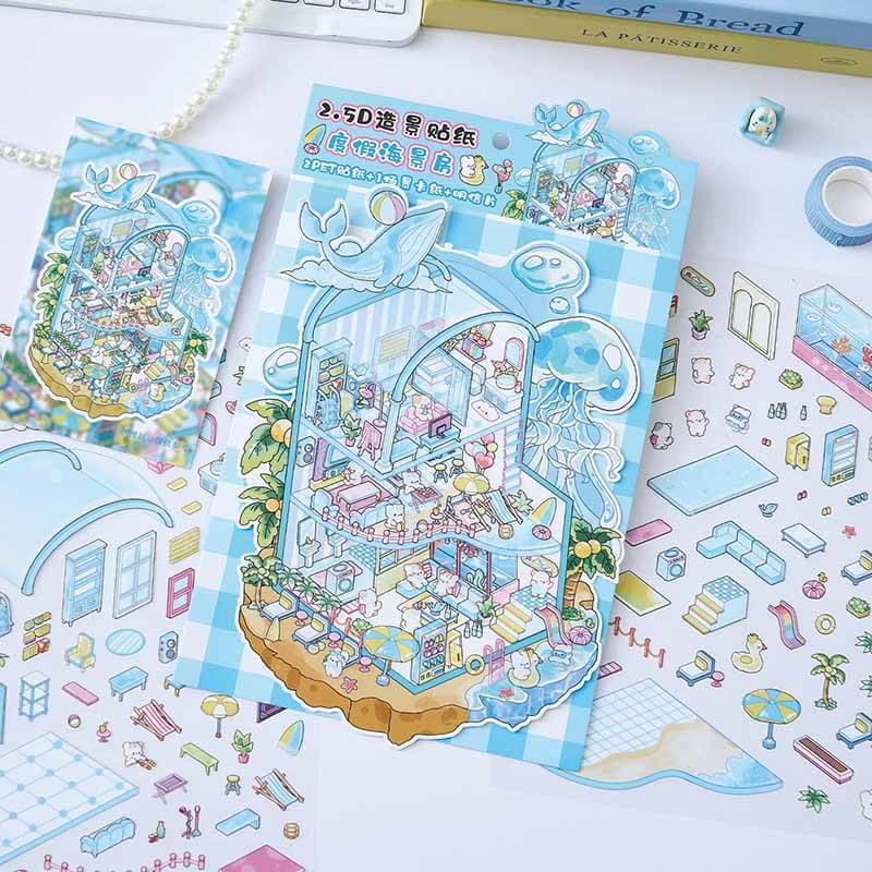 Mystery Vacation DIY 3D Scene Stickers 4 Cute Miniature Scenes(M&L)