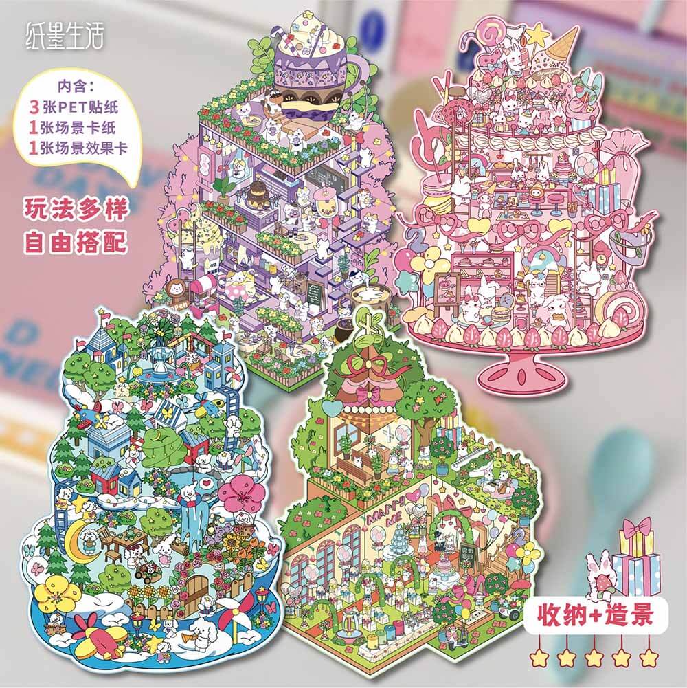 Pastel Fantasy DIY 3D Scene Stickers 4 Cute Miniature Scenes(L)