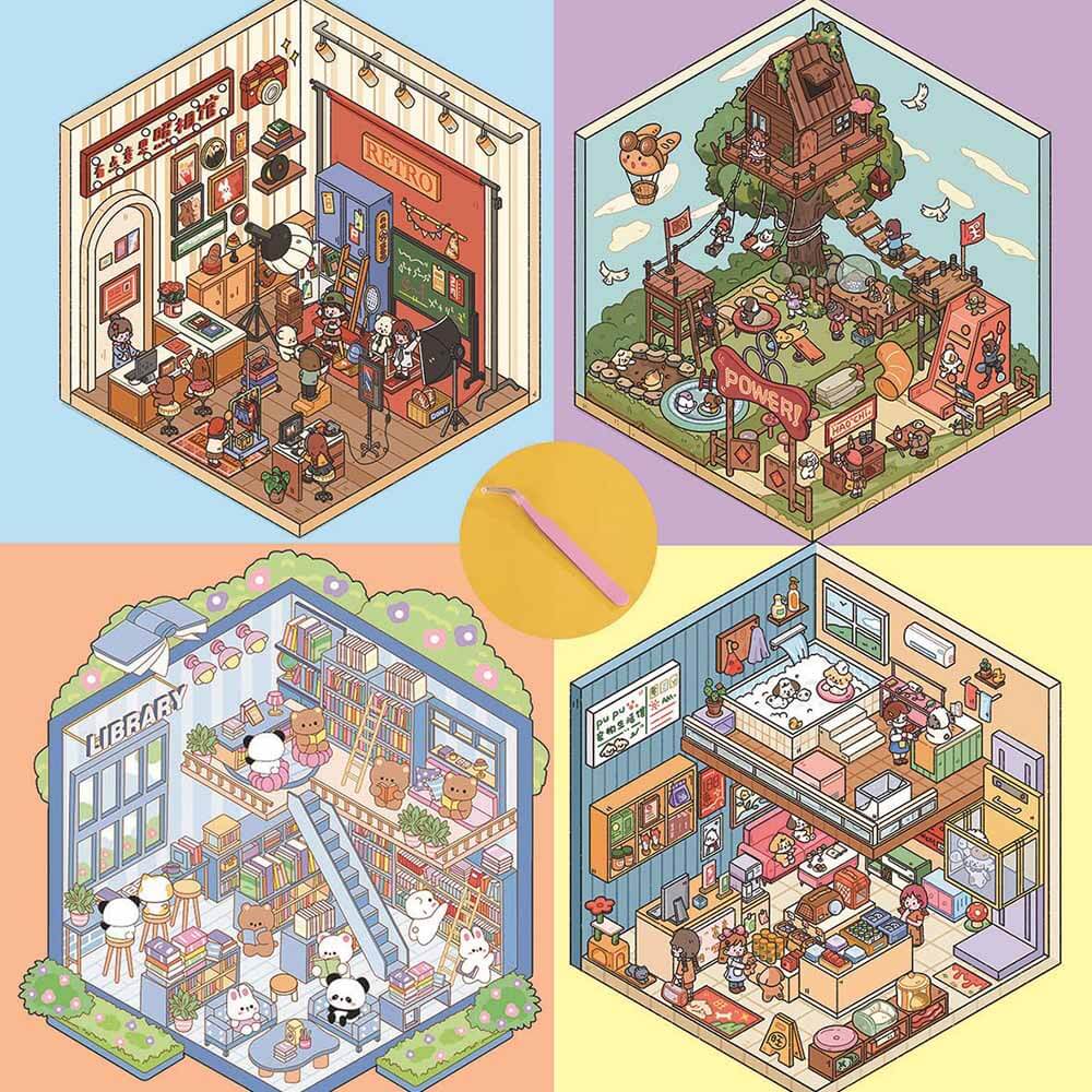 Paw Paradise 3D Scene Stickers 4 Cute Miniature Scenes