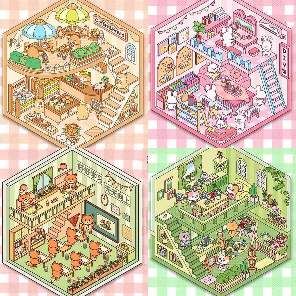 Paws Friends DIY 3D Scene Stickers 4 Cute Miniature Scenes(S)
