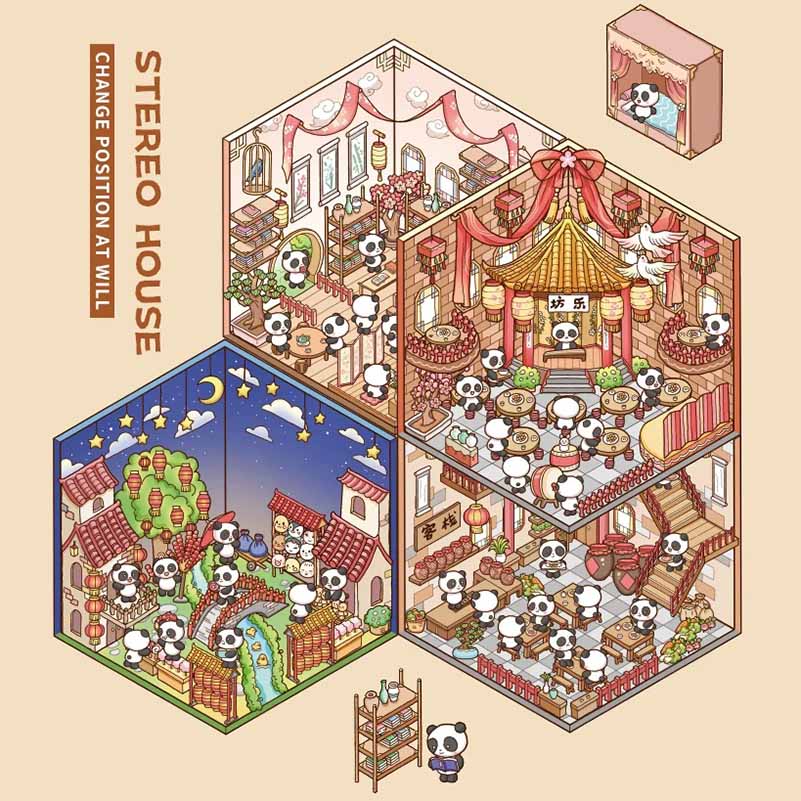 Panda House DIY 3D Scene Stickers - 4 Cute Miniature Scenes