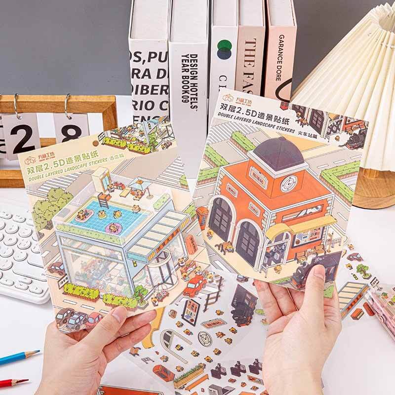 Raccoon Town DIY 3D Scene Stickers 4 Cute Miniature Scenes