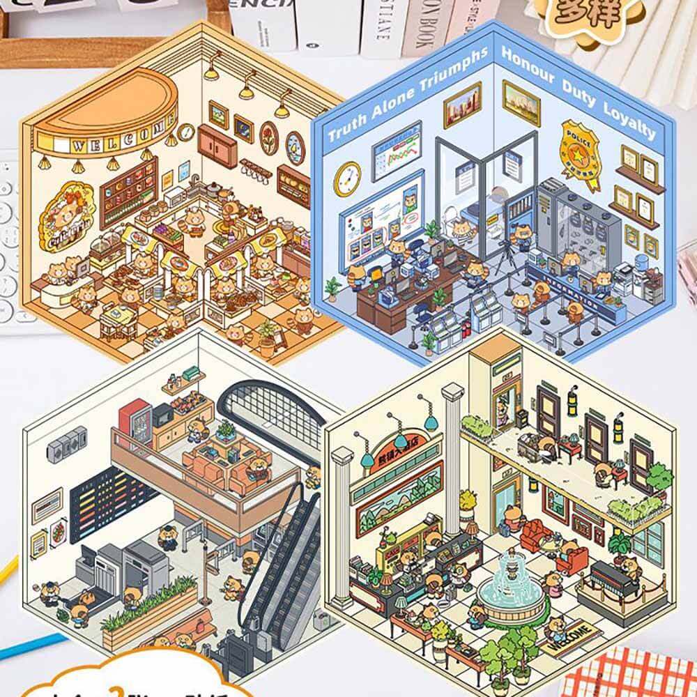 Raccoon Town DIY 3D Scene Stickers 4 Cute Miniature Scenes