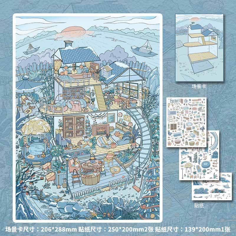 Seasonal Courtyard DIY 3D Scenes Sticker 4 Cute Miniature Scenes(L)