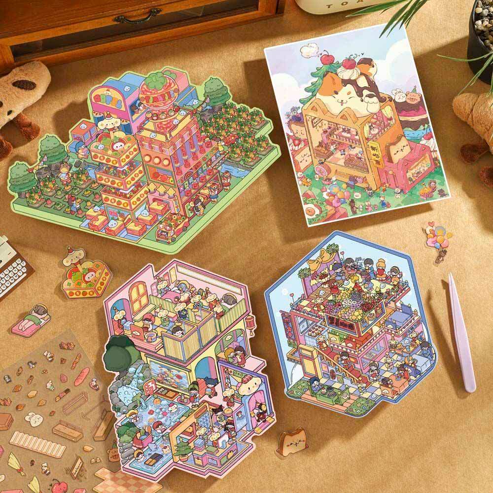 Starry Comfort DIY 3D Scene Stickers 4 Cute Miniature Scenes(L)