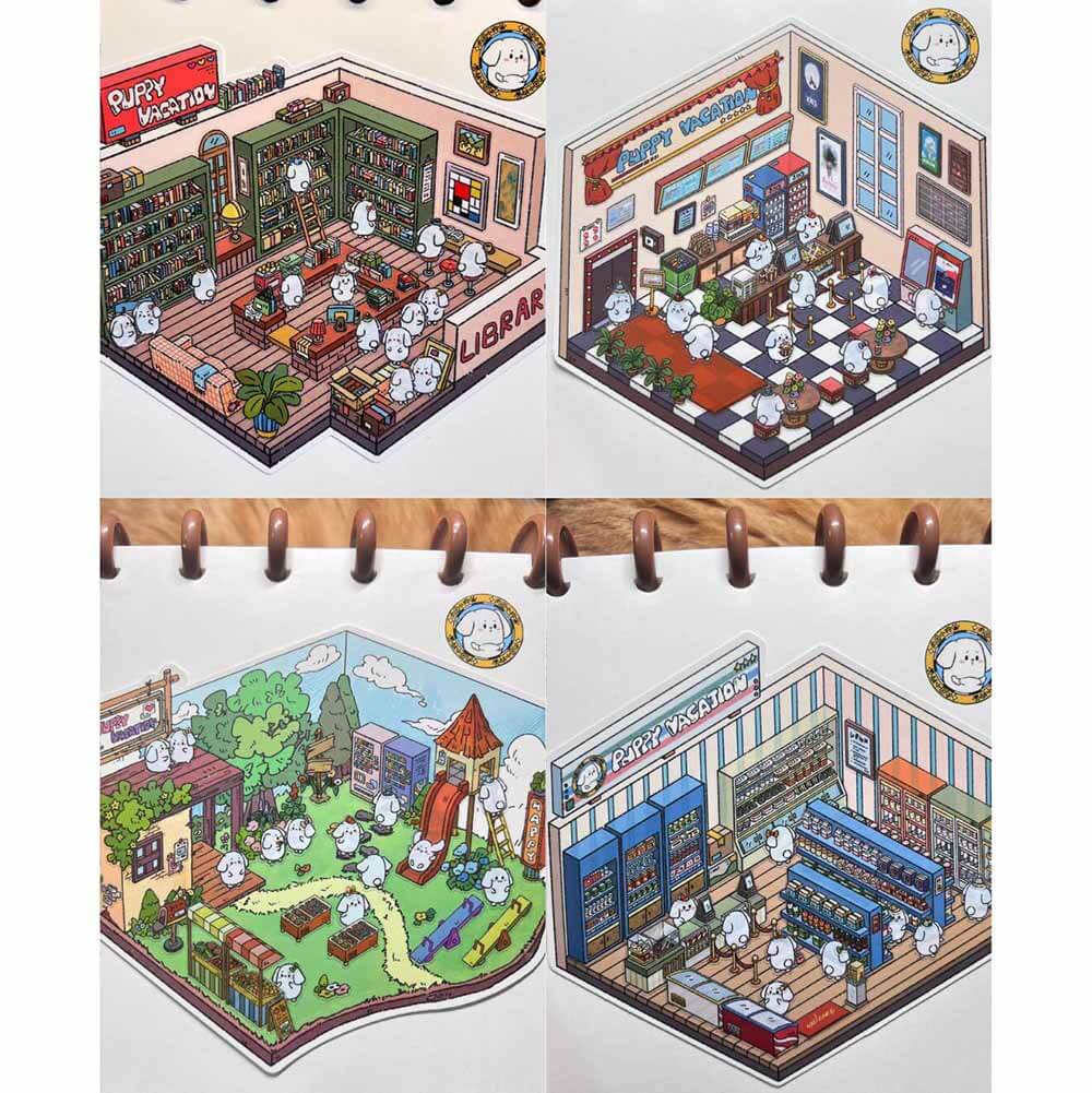 Cute Fat Puppy 1.0 Series Scene Stickers - 4 Cute Miniature Scenes