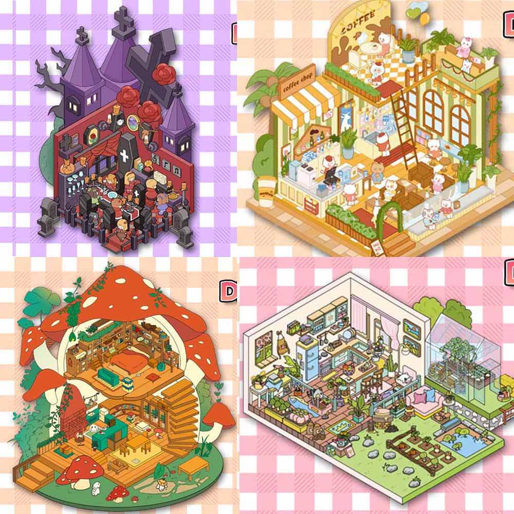 Whimsical Village DIY 3D Sticker 4 Cute Miniature Scenes(S)