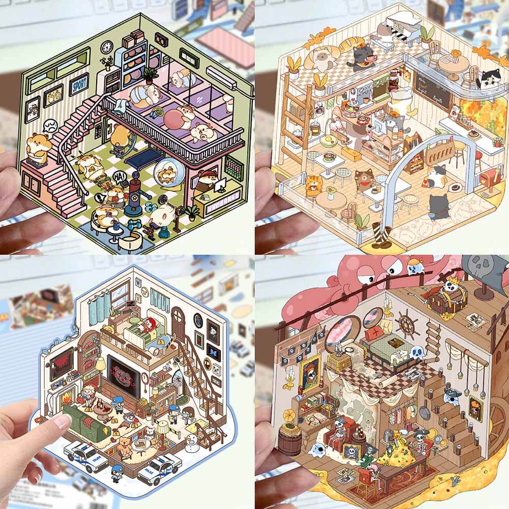 Whimsy Wonders 3D Scene Stickers 4 Cute Miniature Scenes